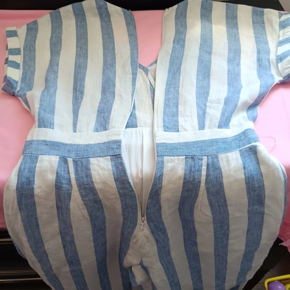 Miss Me jumpsuit Striped Linen White Blue pockets Summer Beach Vacation sz S - Picture 9 of 16